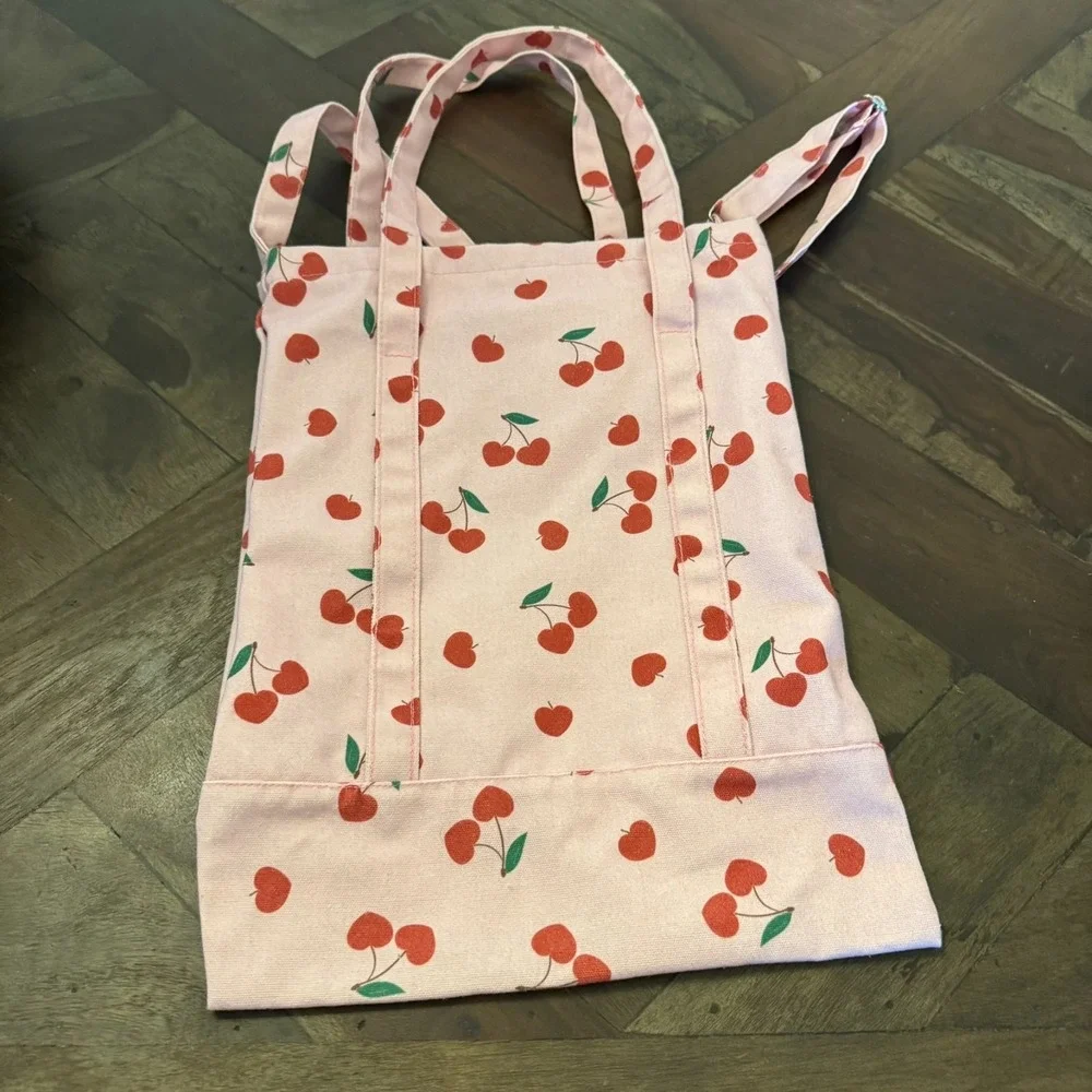 Pink & Cherry Print‎ Canvas Tote Bag with Handles & Adjustable Strap Book Bag